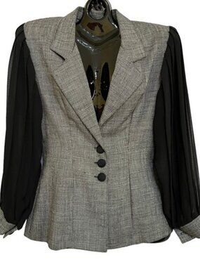 Vintage Koji Yohji Gray Faux-Tweed Blazer with Black Chiffon Puff Sleeves